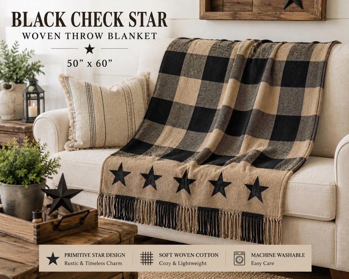 Black Check Star Primitive Woven Throw Blanket 50" x 60", Country Americana