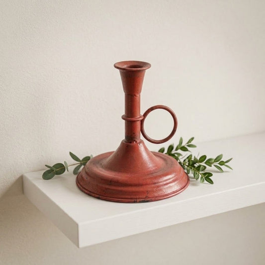 Primitive Red Chamberstick 6" Candle Holder, Distressed Colonial Decor