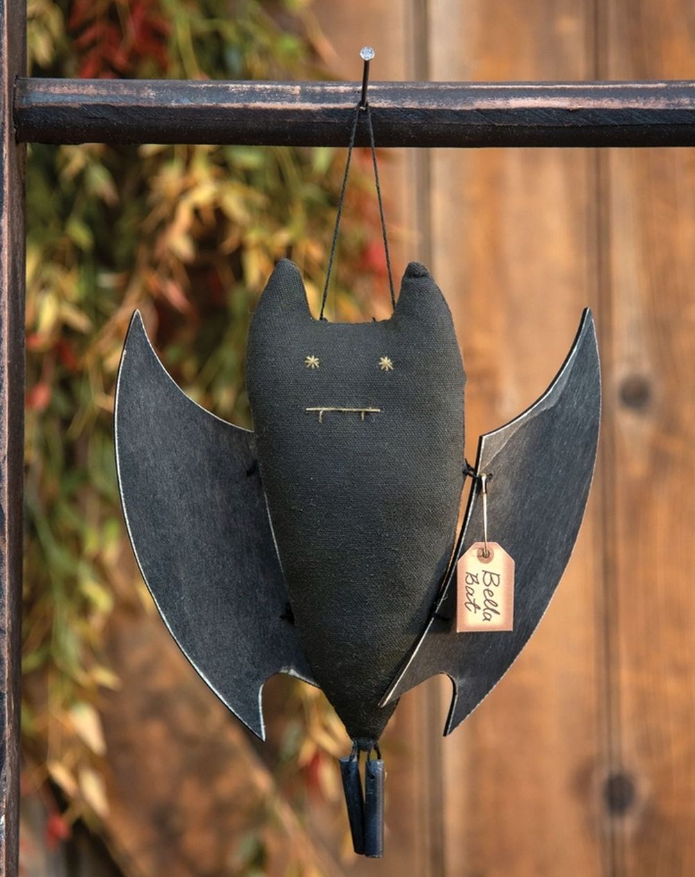 Belle Bat Primitive Fabric and Wood Halloween Goth Ornament, 8" Hanging Decor