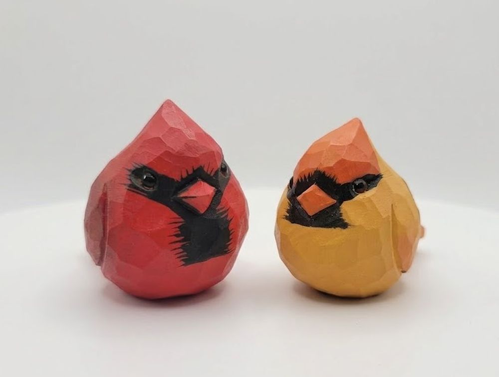 Miniature Carved Male and Female Cardinals, Small Bird Statue Decor Set