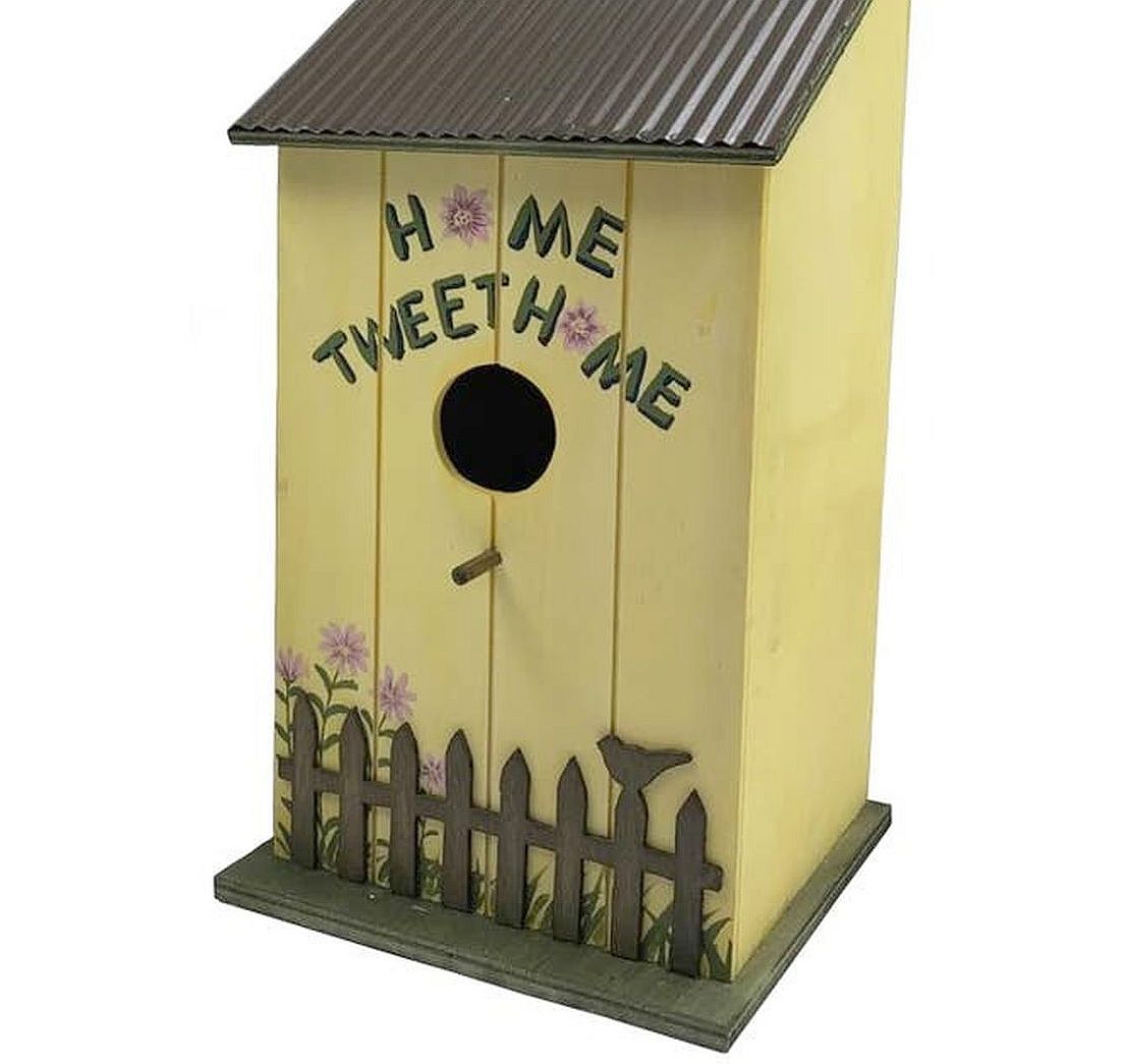"Home Tweet Home" Whimsical Wooden Yellow Birdhouse with Metal Roof