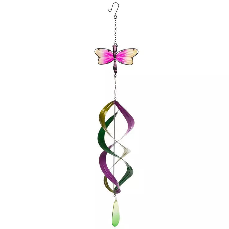 Pink and Yellow Dragonfly Colorful Wind Spinner Mobile with Pendant, 34"