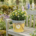 Yellow Ribbed Metal Planter With Decorative Daisy Charm and Rustic Twine Bow