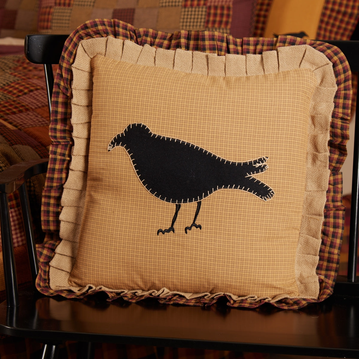 Primitive Black Crow Throw Pillow with Burlap & Tartan Ruffle Trim 18" x 18"