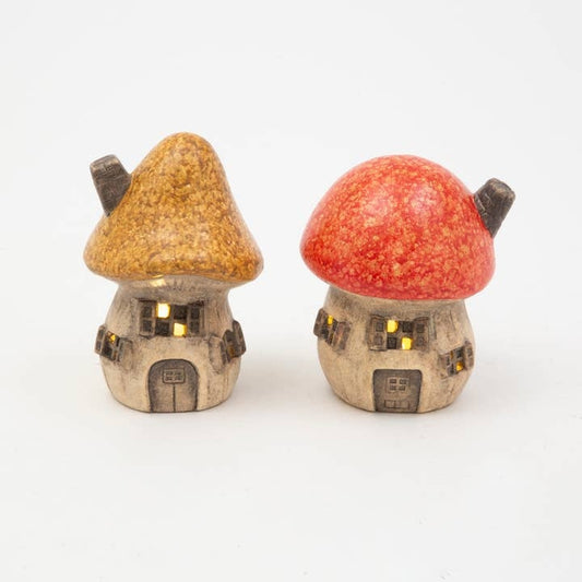 Toadstool Whimsical Light-Up Ceramic Mushrooms Small 5.83" Houses, Set of 2