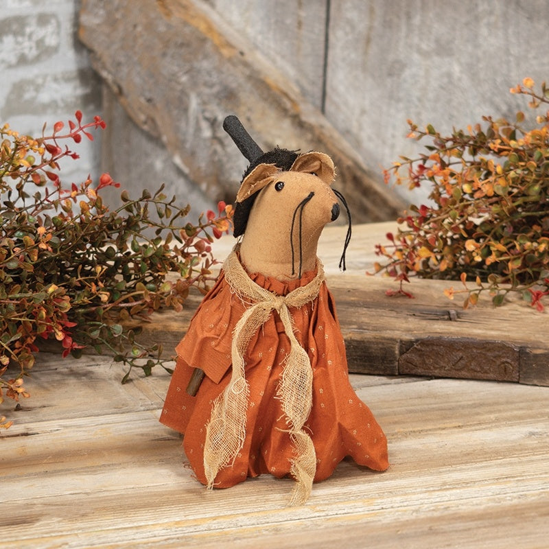 Primitive Halloween Folk Art Witch Mouse Doll with Fabric Orange Dress and Broom