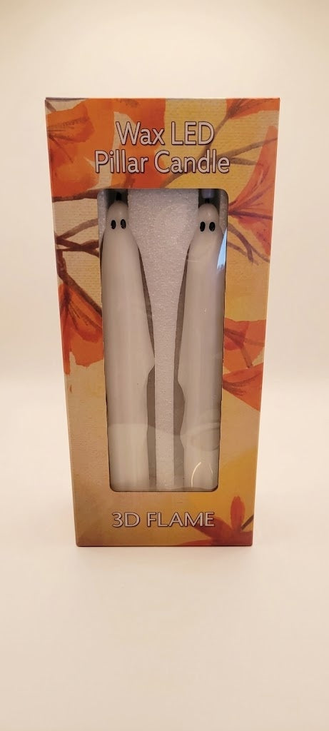 Set of 2 Wax Ghost LED 10" Candles w Built-In Timer – 3D Flame Halloween Decor