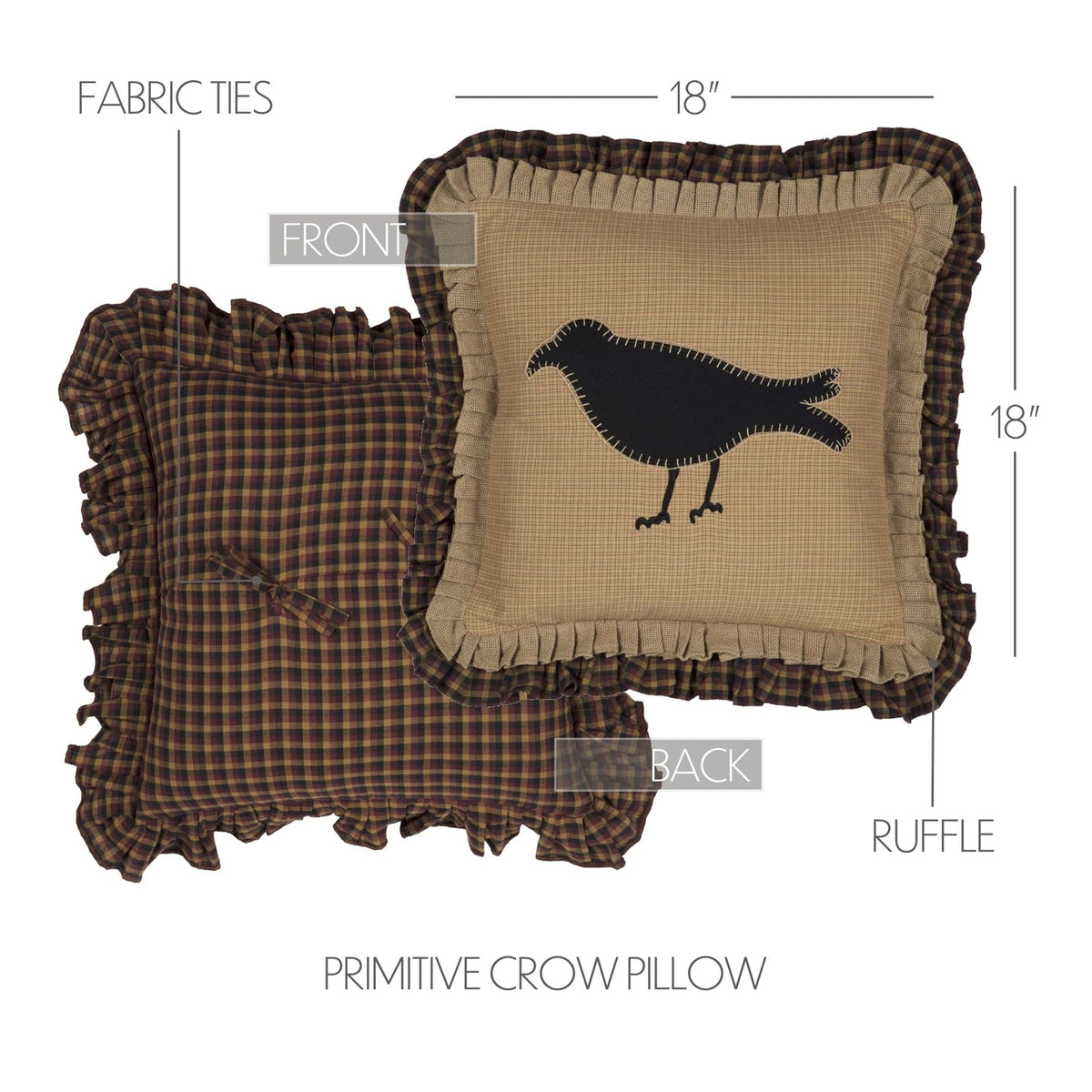 Primitive Black Crow Throw Pillow with Burlap & Tartan Ruffle Trim 18" x 18"