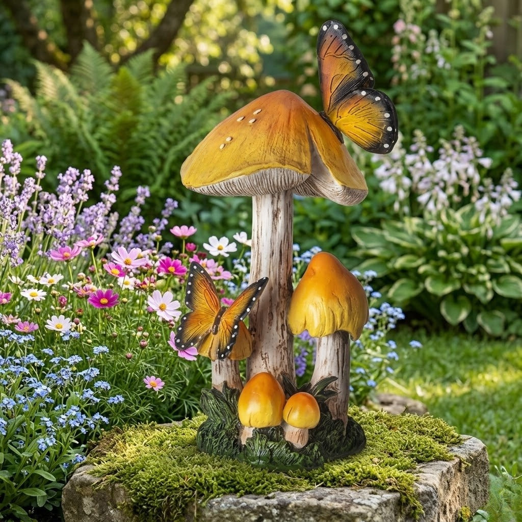 Whimsical 13-Inch Golden Mushroom Garden Figurine with Monarch Butterflies
