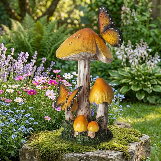 Whimsical 13-Inch Golden Mushroom Garden Figurine with Monarch Butterflies
