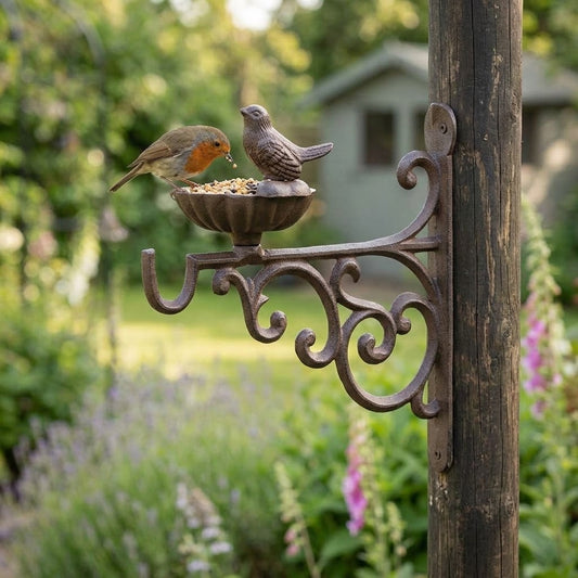 Antique Brown Cast Iron Bird Feeder Dish with Hook, Wall Mount Garden Bracket