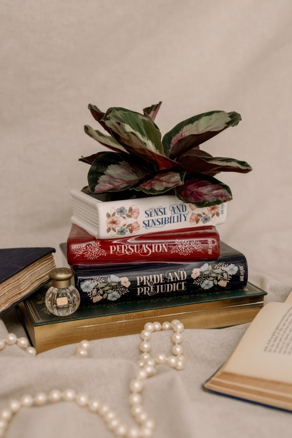 Jane Austin Classics 3 Books Stacked Ceramic, Small Unique Book Planter