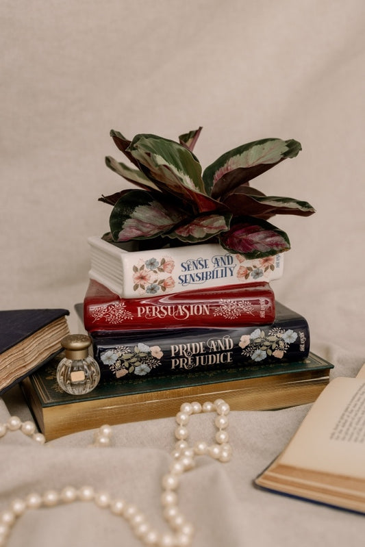 Jane Austin Classics 3 Books Stacked Ceramic, Small Unique Book Planter
