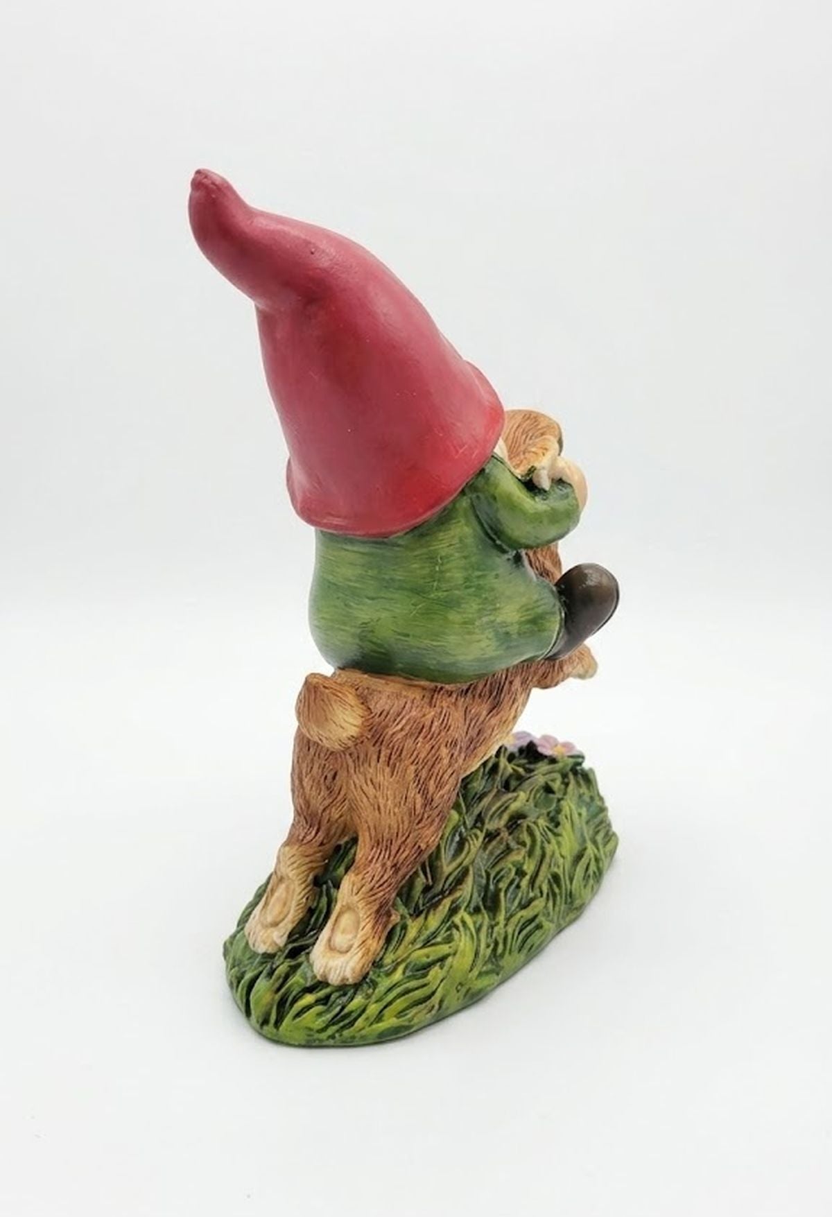 Gnome Riding Brown Bunny 6" Figurine with Floral Accent, Resin Statuette