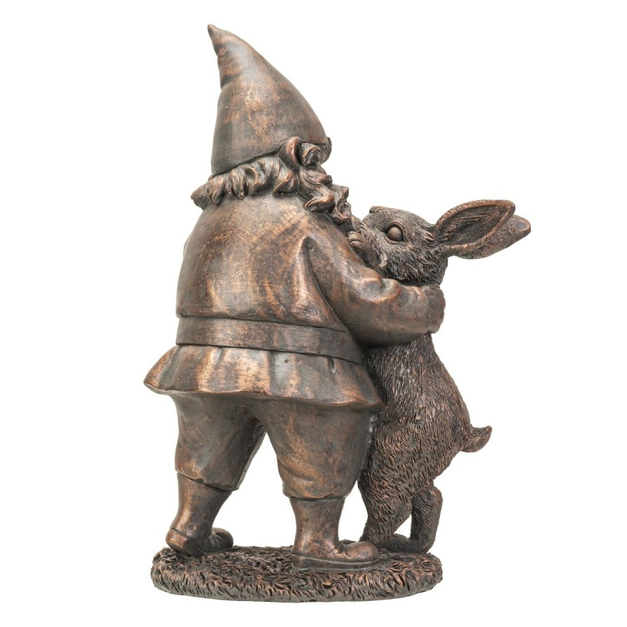 Whimsical Bronze Cold Cast Resin Dancing Garden Gnome and Rabbit Statue