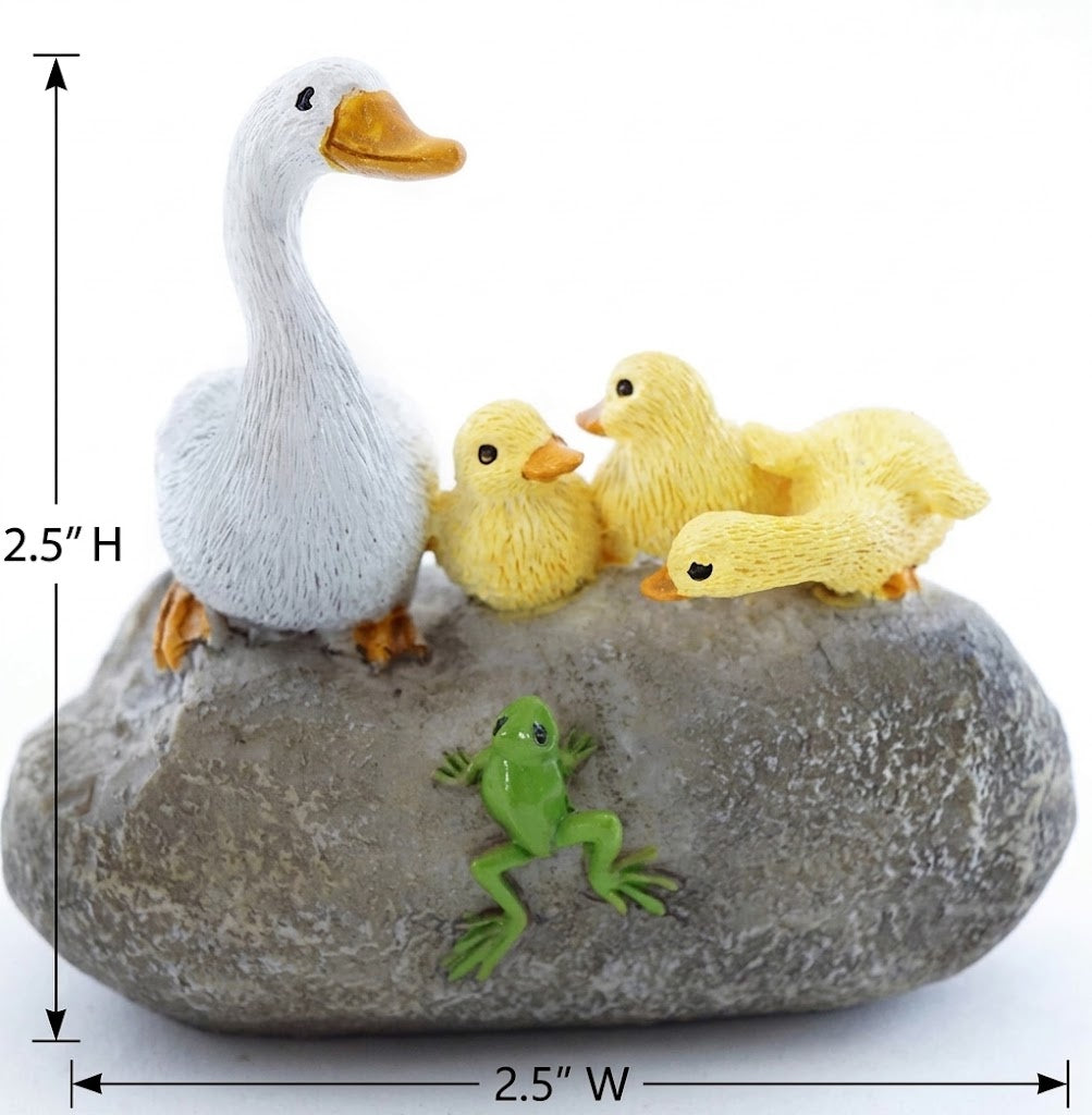 Miniature Duck Family on Rock with Frog, 2.5" Fairy Garden Pond Figurine