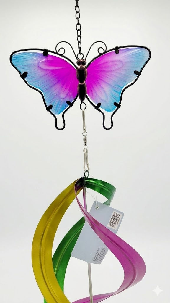 Pink and Blue Butterfly Colorful Wind Spinner Mobile with Pendant, 32"