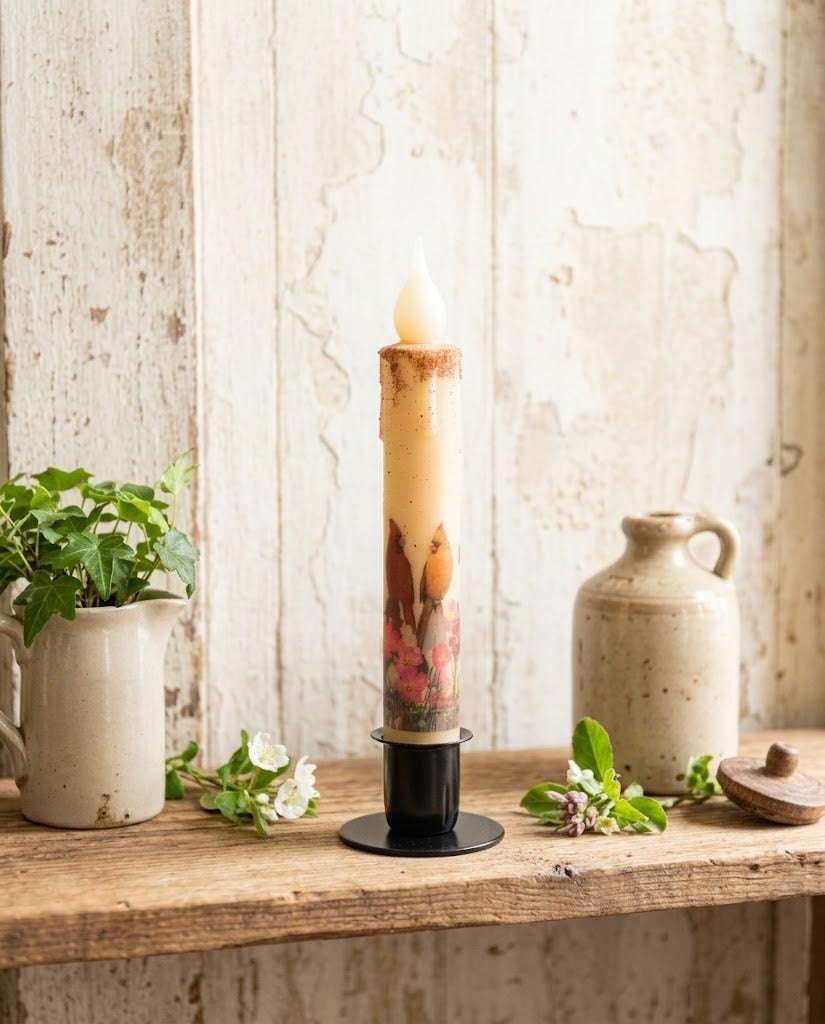 Rustic Primitive Bird & Floral 7" Timer Taper Candle with Black Metal Holder