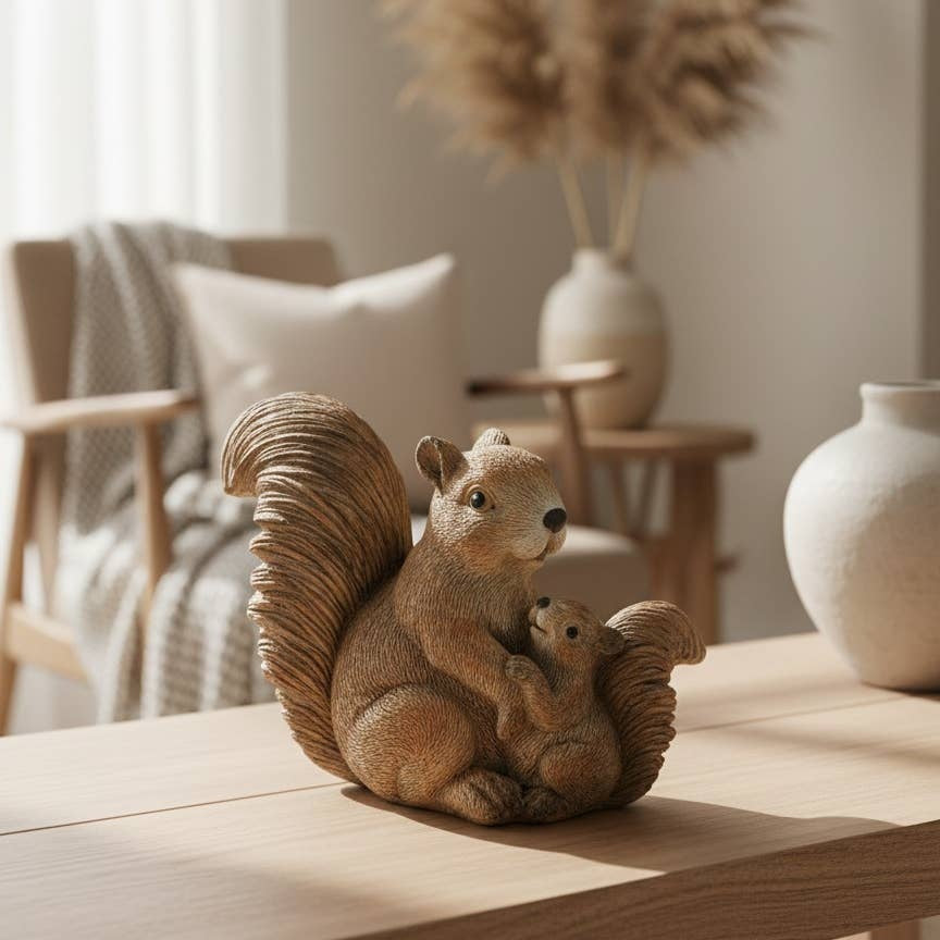 "Snuggles" Resin Squirrel & Baby Figurine Statue, Rustic Wildlife Decor 7x6"