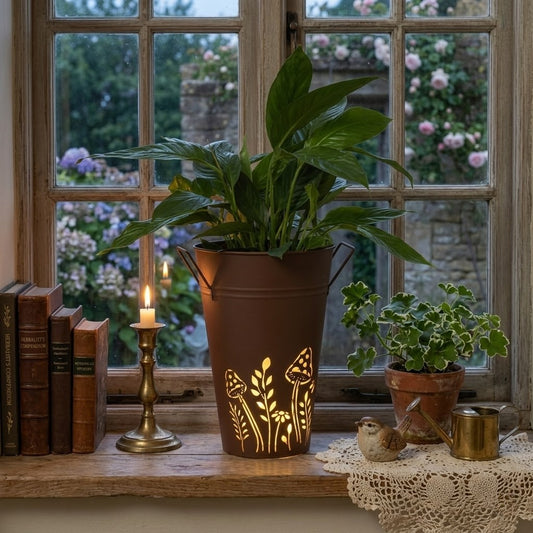 Large Metal Brown Mushroom and Floral Cut Out Botanical 11" Planter