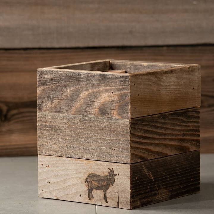 Rustic Wood Farmhouse Crock Goat Planter, Handmade 100% Reclaimed Wood