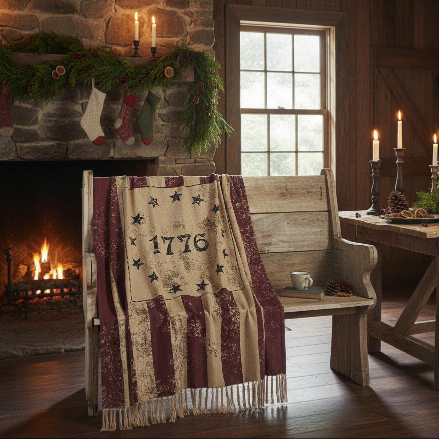 Colonial 1776 Betsy Ross Stars Americana Woven Fringed Throw Blanket, 50" X 60"