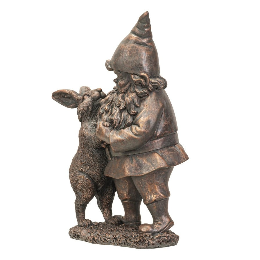 Whimsical Bronze Cold Cast Resin Dancing Garden Gnome and Rabbit Statue