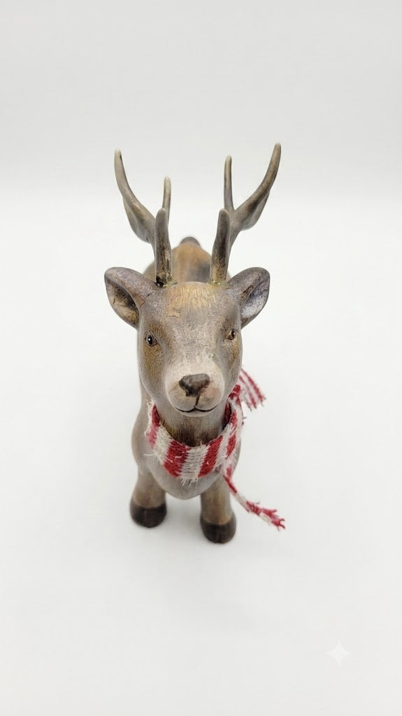 Christmas Reindeer Figurine 8" Faux-Wood Finish Ceramic Deer with Striped Scarf