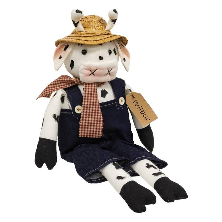 WIlbur The Cow with Overalls and Straw Hat Country Prim Plush 19" Doll