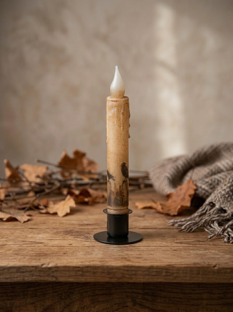 Crows on Fence Post Panorama 7" Led Timer Taper Candle and Black Holder Set