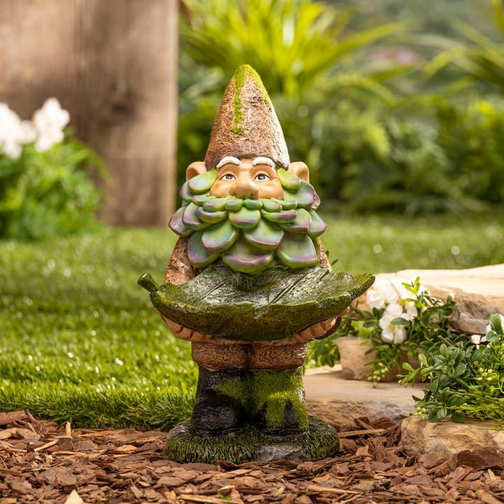 The Succulent Beard Resin Bird Feeder Gnome, 13.4" Weather-Resistant Seed Feeder