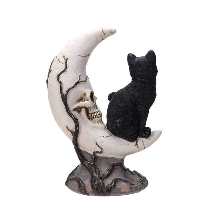 Black Cat on Skull Moon Statuette Mini 7.3" Gothic Desk Decor & Alchemy Display