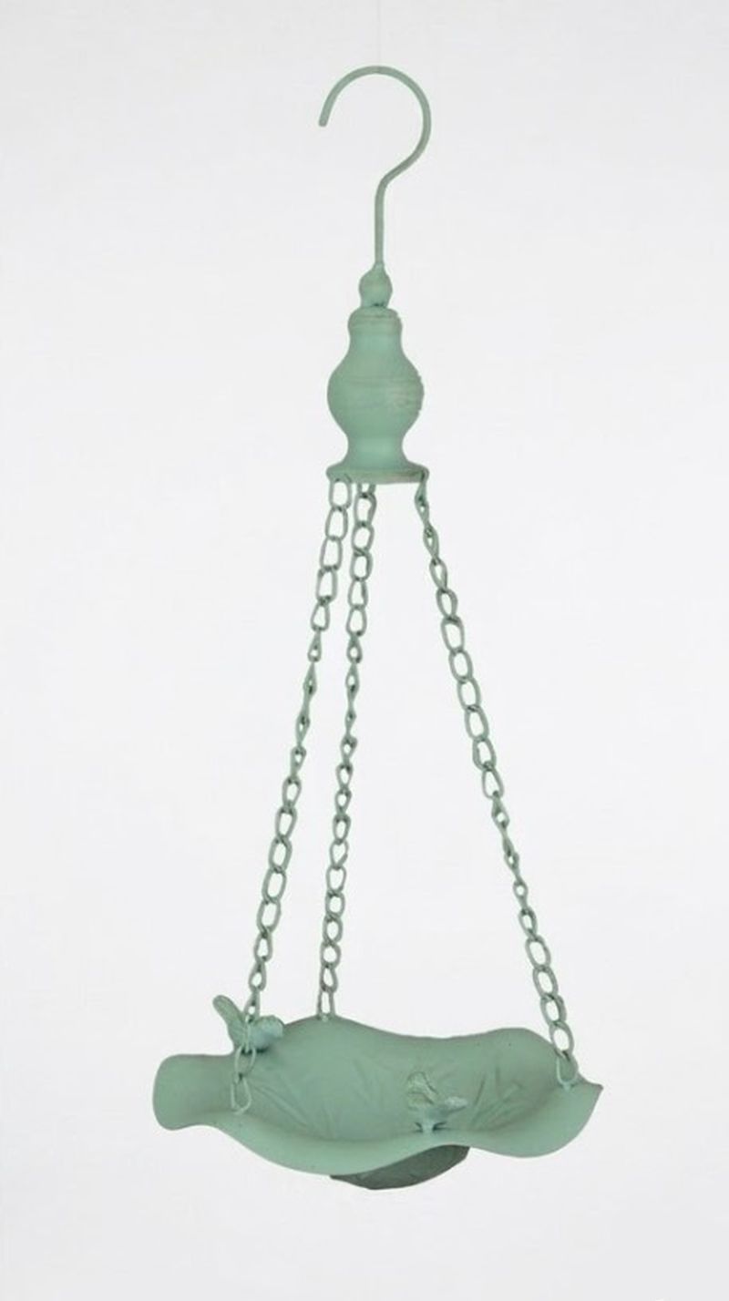 Cottage Garden Hanging Bird Bath Feeder Metal Leaf & Songbird Verdigris Finish