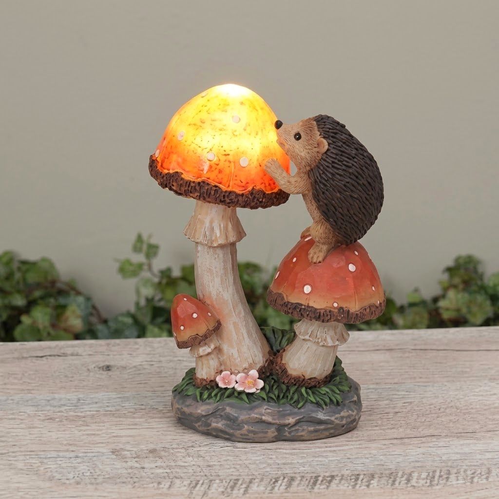 Cute Solar LED Hedgehog & Mushrooms Garden Statue, Woodland Animal Yard Decor