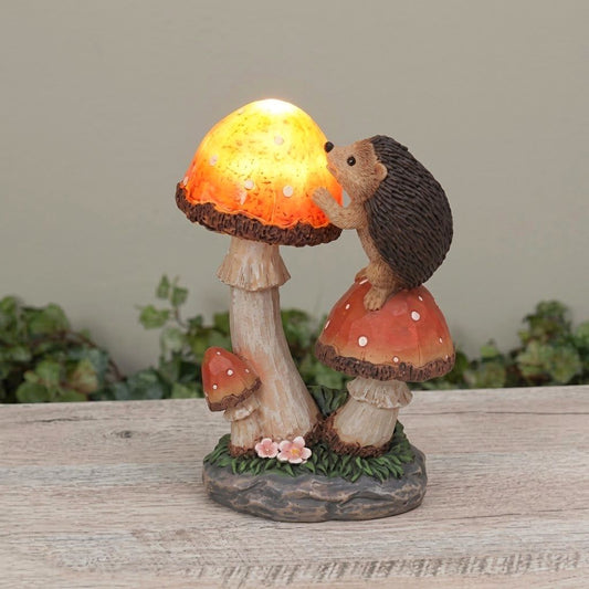 Cute Solar LED Hedgehog & Mushrooms Garden Statue, Woodland Animal Yard Decor
