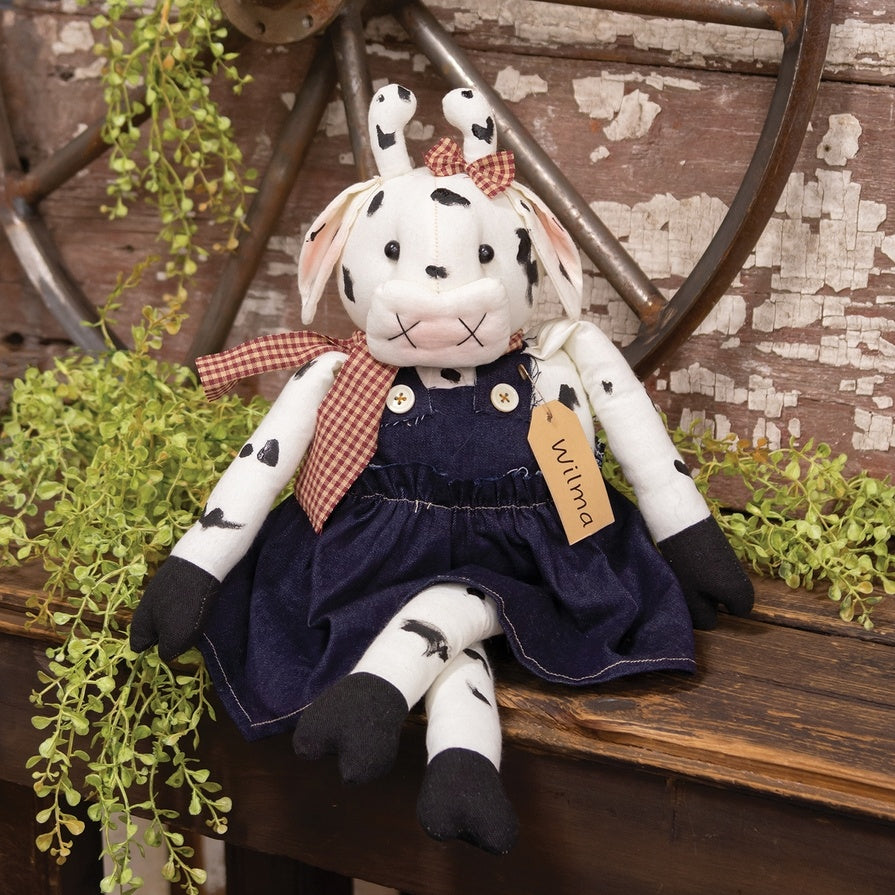 Wilma The Cow with Denim Dress and Straw Hat Country Prim Plush 19" Doll