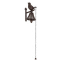 Cast Iron Bird Bell Doorbell with Long Chain – Rustic Country Garden Decor – styled setting