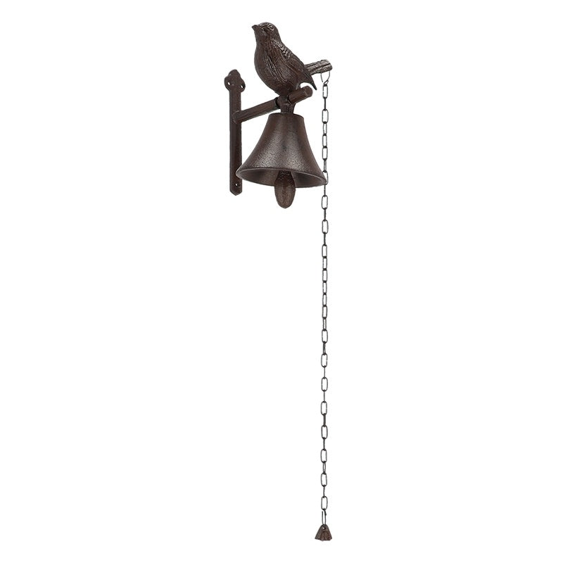 Cast Iron Bird Bell Doorbell with Long Chain – Rustic Country Garden Decor – styled setting