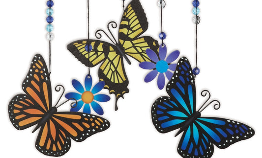 Painted Metal Butterfly Trio and Flowers Small 10" Windchime