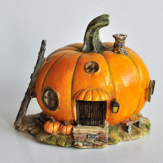 Miniature Orange Pumpkin Fairy House with Ladder 4" Fall Garden, Home Accent