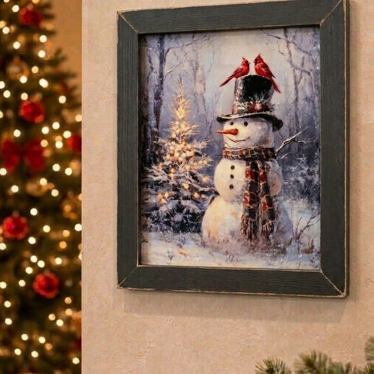 Winter Snowman, Cardinals Framed Wall Art 17.5" x 13.5" Distressed Holiday Decor
