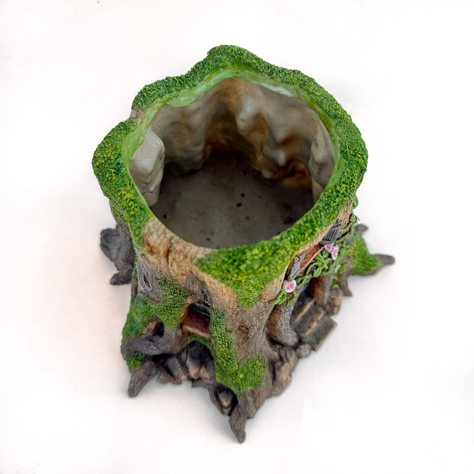 Rustic Tree Stump House Miniature Planter, Fairy Garden, Log Cabin Flower Pot