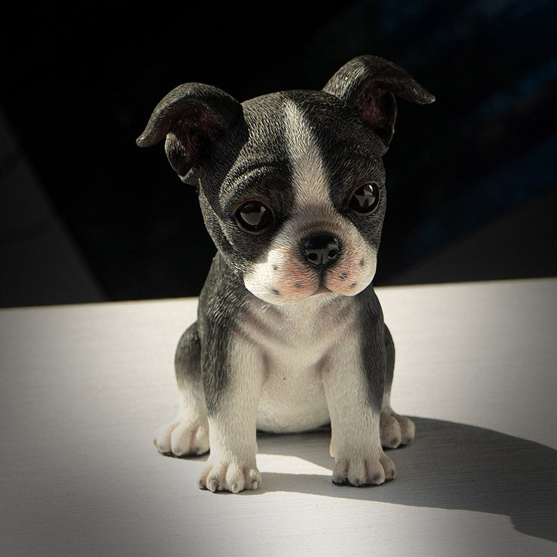 Adorable Seated Boston Terrier Puppy Dog Collectible Resin Figurine, 5.5 inch