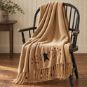 Primitive Pip Berry & Black Star Woven Fringed Tan Throw Blanket 50x60