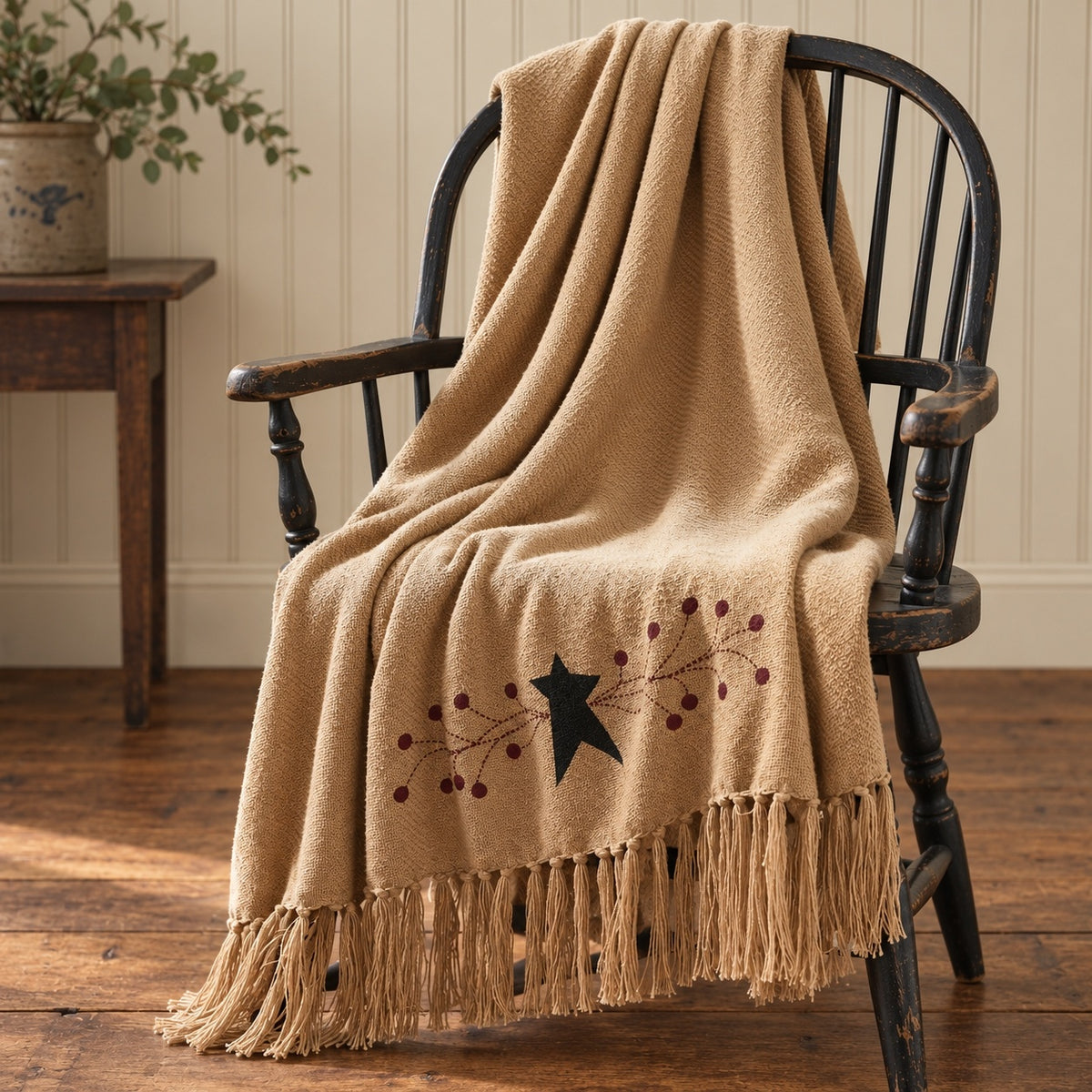 Primitive Pip Berry & Black Star Woven Fringed Tan Throw Blanket 50x60