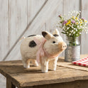 Sisal Farmhouse Pig Figurine with Pink Gingham Ribbon Bow, Rustic Country Decor