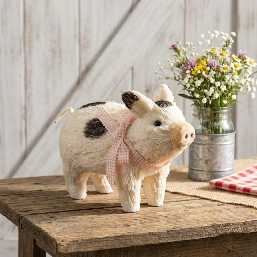 Sisal Farmhouse Pig Figurine with Pink Gingham Ribbon Bow, Rustic Country Decor