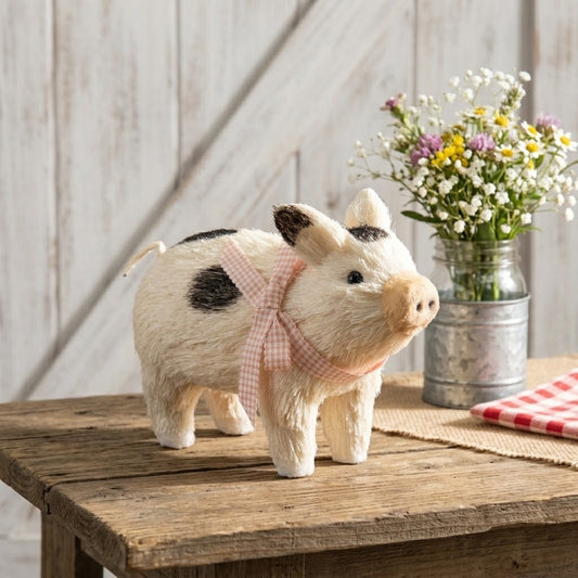 Sisal Farmhouse Pig Figurine with Pink Gingham Ribbon Bow, Rustic Country Decor