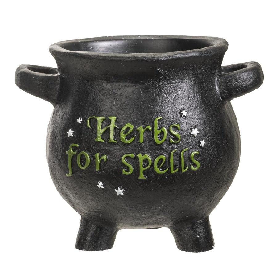Herbs For Spells Small Witches Cauldron Plant Pot, Black Cold Resin Planter