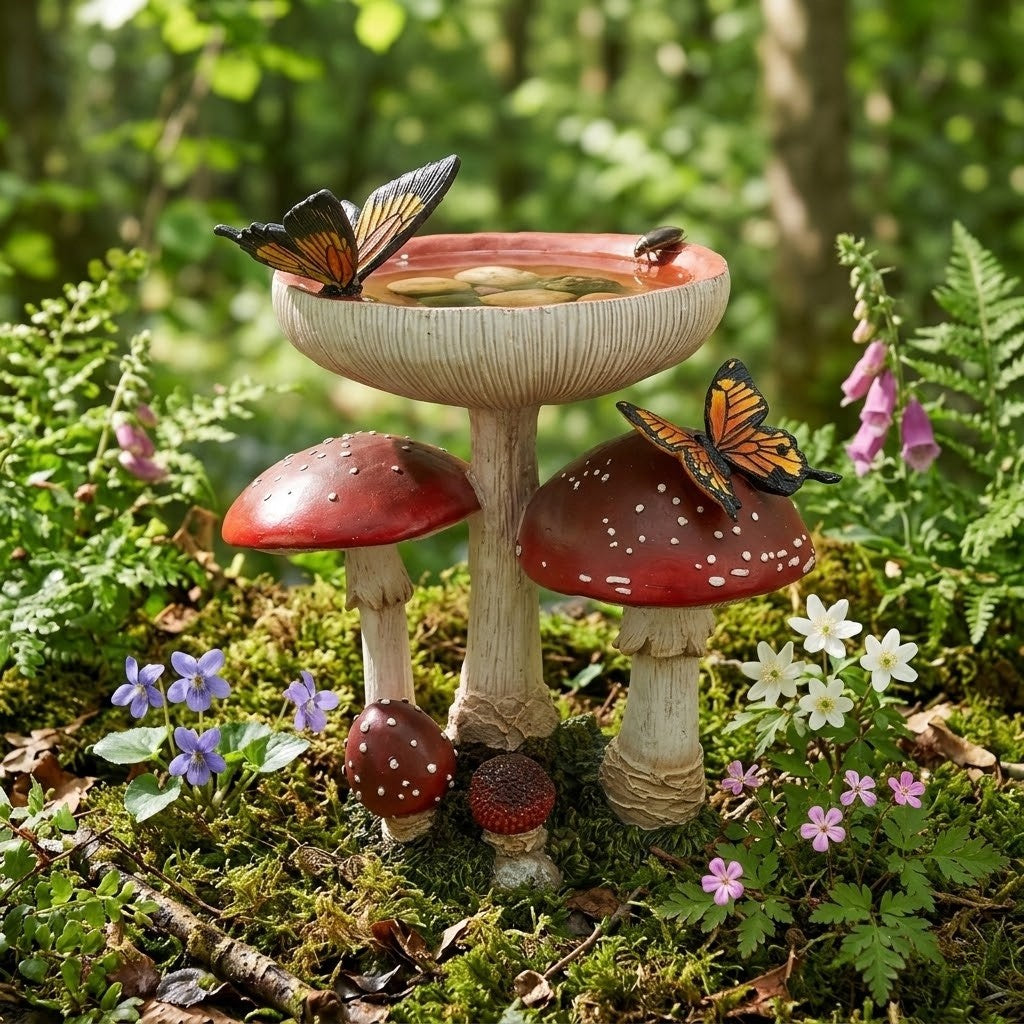 Whimsical 9" Red Toadstool Mushroom Garden Figurine with Monarch Butterflies
